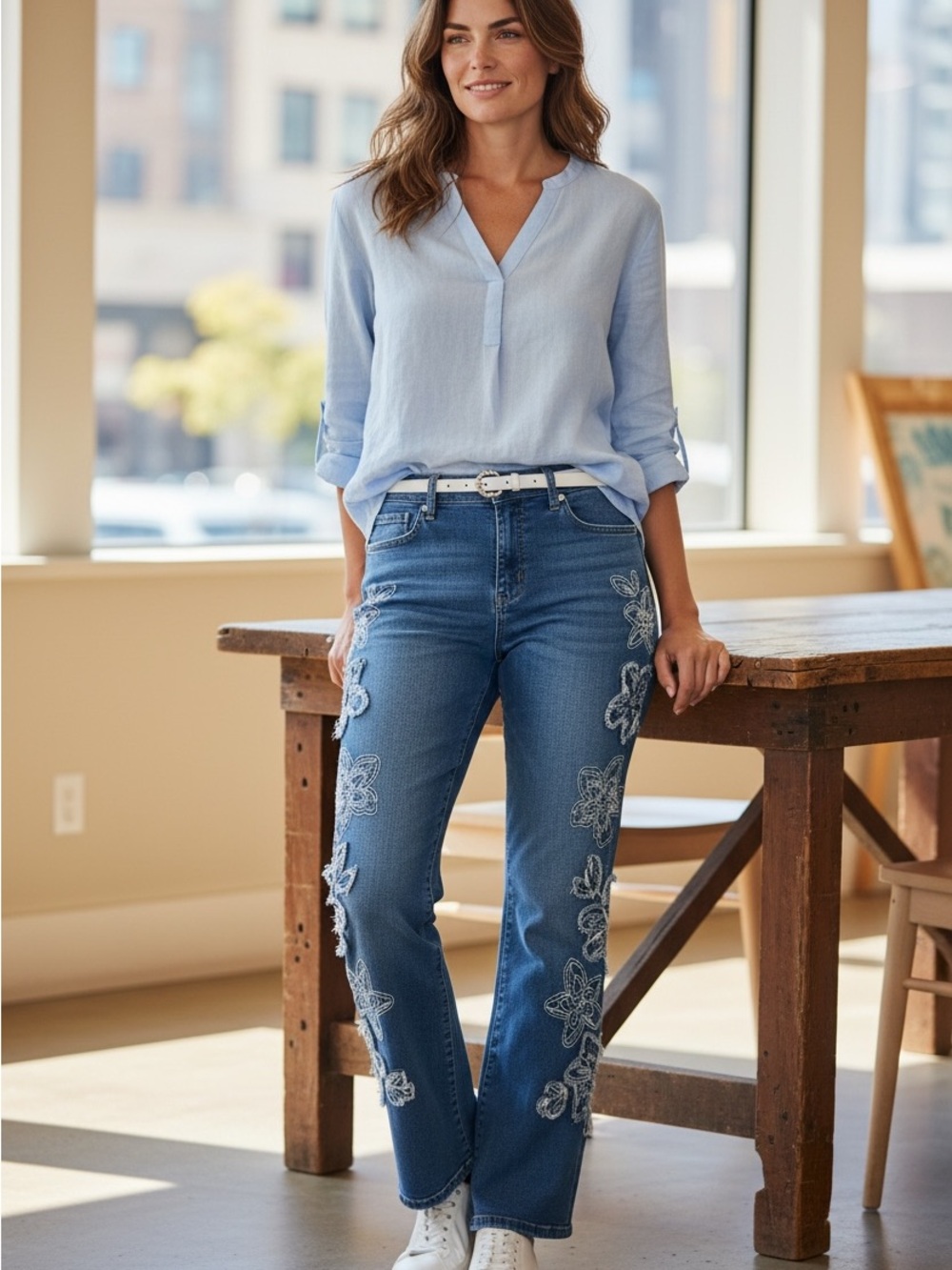 9th & Main Blue Embroidered Floral Wide-Leg Jeans